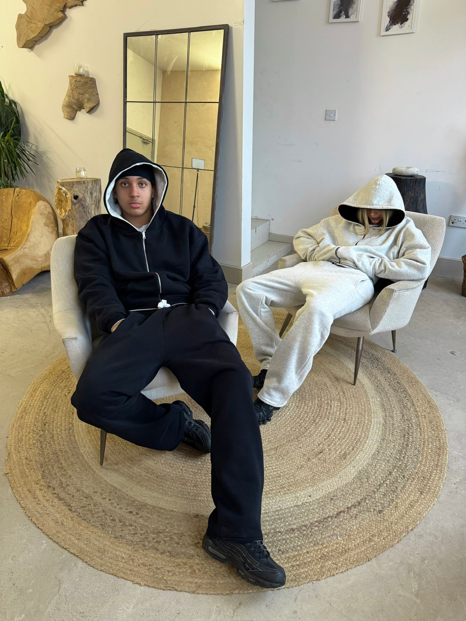 Model view of Kaizen Market Reversible ZIP Grey Black Hoodie
